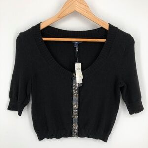 Gap Womens Beaded Crop Cardigan Size XS Black Knit Snap Buttons Short Sleeve NWT